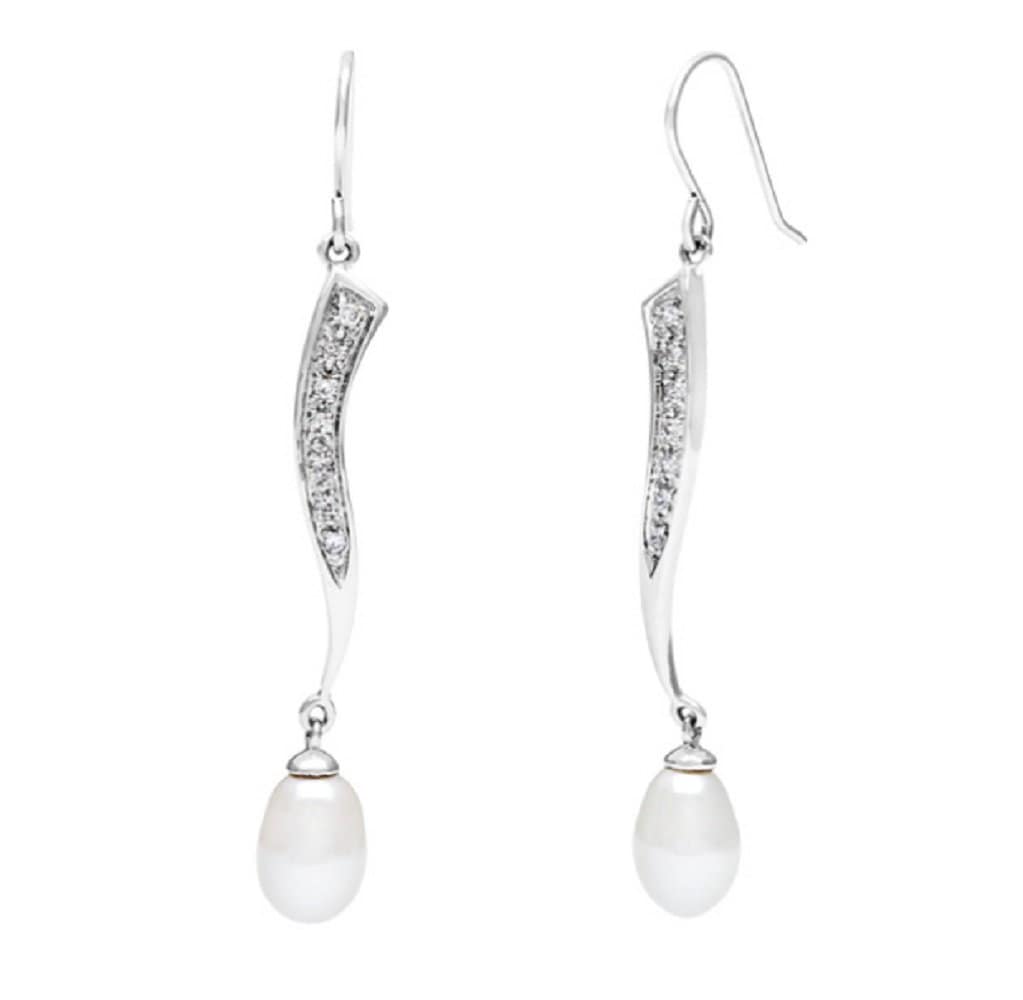Pearlz Ocean Sterling Silver Freshwater Pearl and White Zircon EarRings