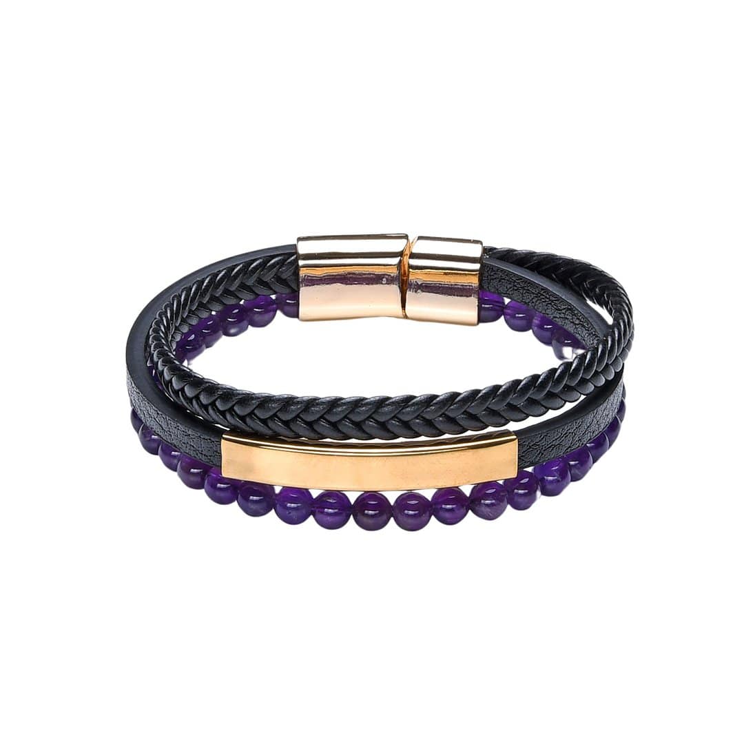 Pearlz Ocean Amethyst Bead Leather Bracelet – Handmade Men’s Cuff Jewelry Gift
