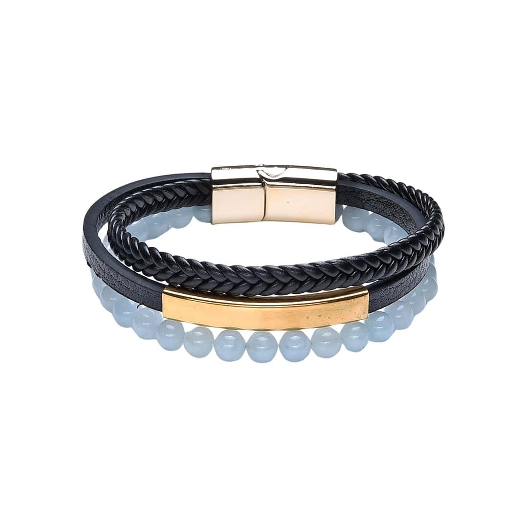 Pearlz Ocean 3-Layer Aquamarine Leather Bracelet – Handmade Men’s Jewelry