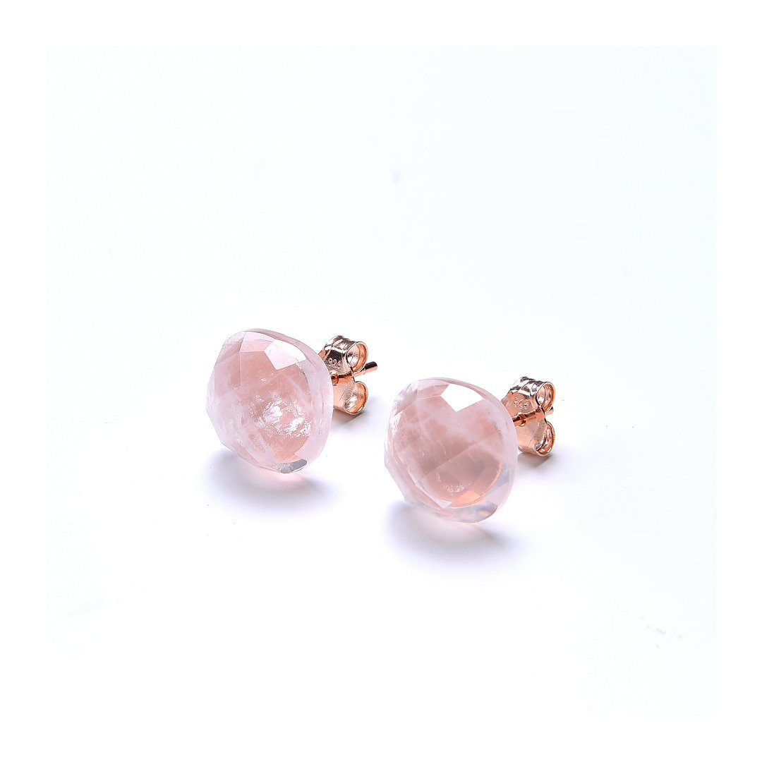 Pearlz Ocean Rose Quartz Stud Earrings – 10mm Faceted Rose Gold Plated Silver Love Stone Gift