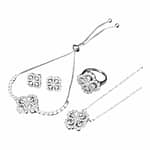 Pearlz Ocean 4pcs Set Cubic Zirconia Wedding Jewelry Bridesmaid Rhodium Plated Pendant Necklace Stud Earrings Link Tennis Bracelet Ring