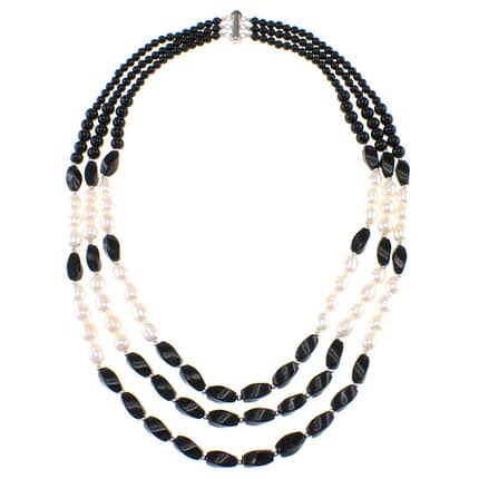 Pearlz Ocean Black Agate and Freshwater Cultured Pearl 18 Inches Triple Strand Fashion Necklace Jewelry for Women