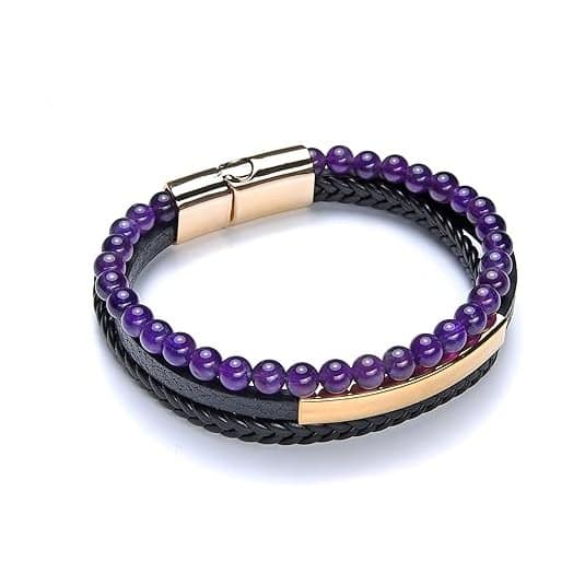 Pearlz Ocean Men's Leather Bracelet with Genuine Amethyst Beads - Natural Stone, Anxiety Relief, Stress Relief (Amethyst), Medium, Black - Image 2