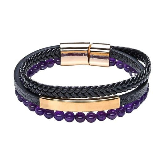 Pearlz Ocean Men's Leather Bracelet with Genuine Amethyst Beads - Natural Stone, Anxiety Relief, Stress Relief (Amethyst), Medium, Black - Image 1