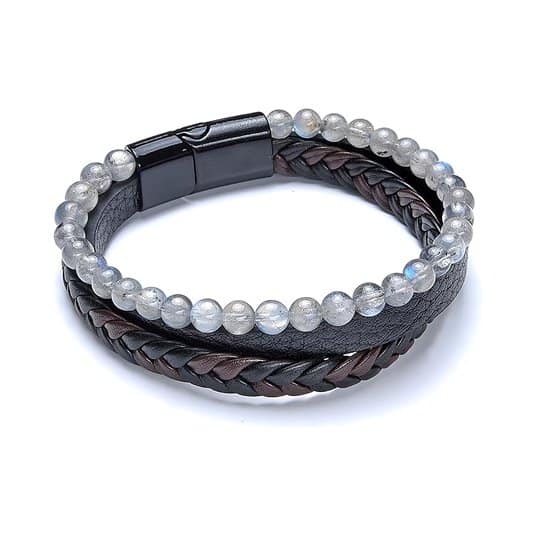 Pearlz Ocean Black Labradorite Beads Beaded Leather Bracelets for Men Women Unisex - Image 2