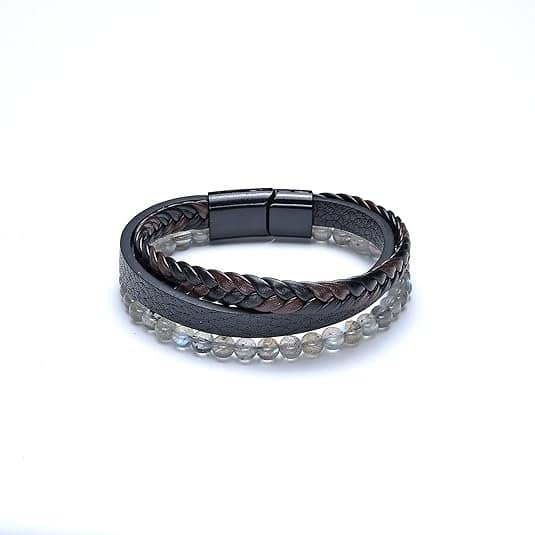 71vcU59HOSL._AC_SY535_ Pearlz Ocean Black Labradorite Beads Beaded Leather Bracelets for Men Women Unisex - Image 1