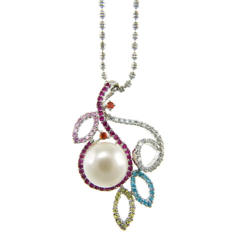 Pearlz Ocean Sterling Silver Freshwater Pearl and Multi-colored Zircon Pendant Necklace