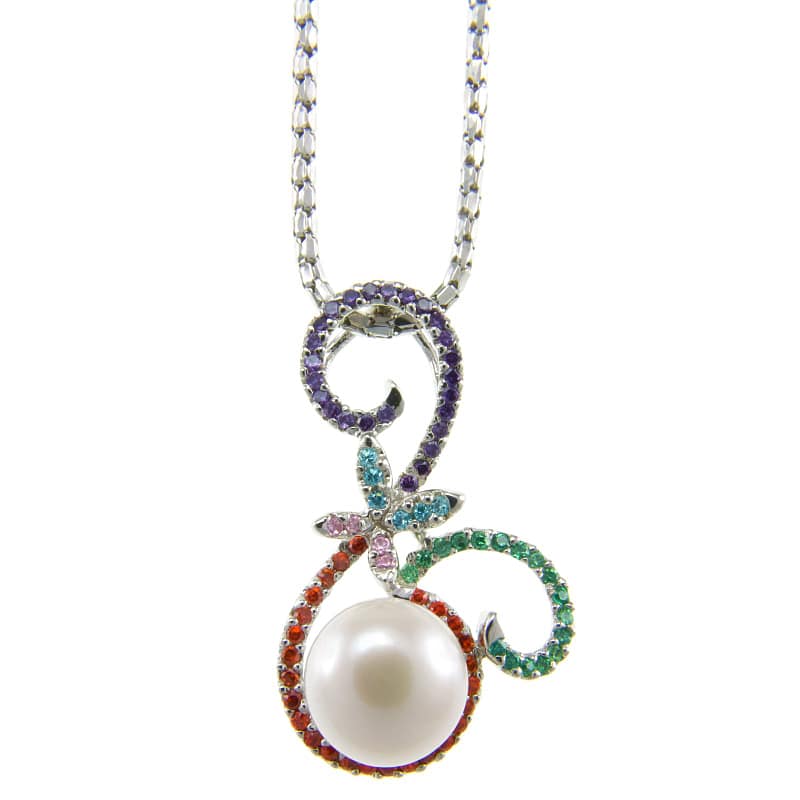 Pearlz Ocean Sterling Silver Freshwater Pearl and Multi-colored Zircon Pendant Necklace