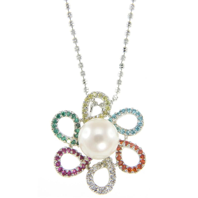 Pearlz Ocean Sterling Silver Freshwater Pearl and Multi-colored Zircon Pendant Necklace