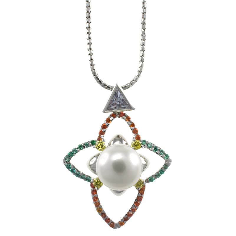 Pearlz Ocean Sterling Silver Freshwater Pearl and Multi-colored Zircon Pendant Necklace