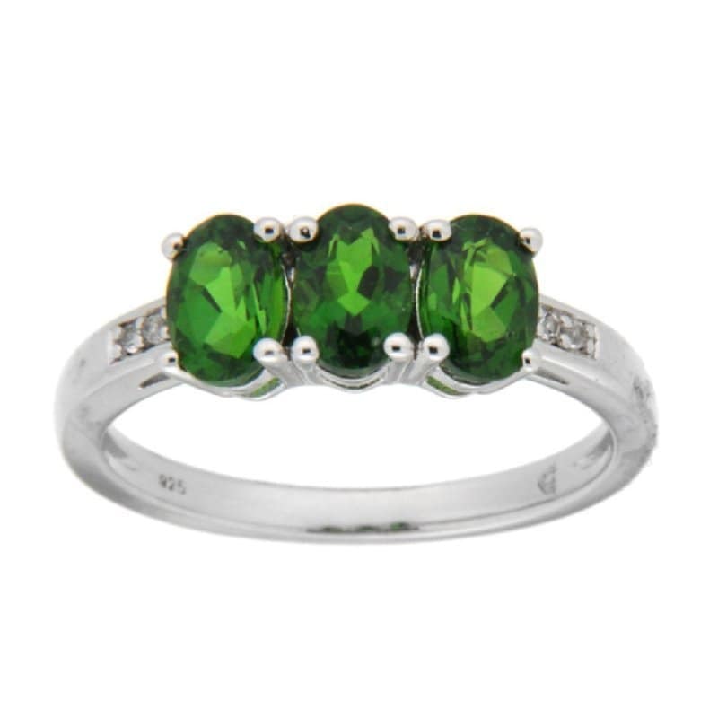 pearlz-gallery-chrome-diopside-and-white-topaz-sterling-silver-ringrings-182389 Pearlz Ocean 925 Sterling Silver Ring – Ladies Chrome Diopside & White Topaz – Elegant Green Gemstone, 3-Stone, 4x6mm - Image 1