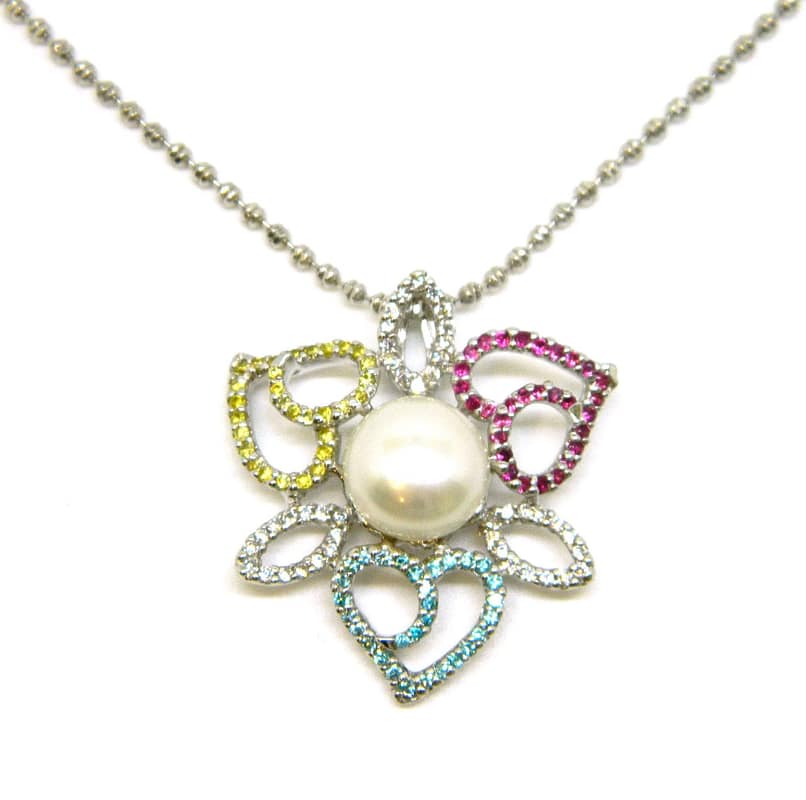 Pearlz Ocean Sterling Silver Freshwater Pearl and Multi-colored Zircon Pendant Necklace
